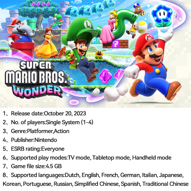 Cartão de jogo Super Mario Bros Wonder Switch, Cartão de jogo para